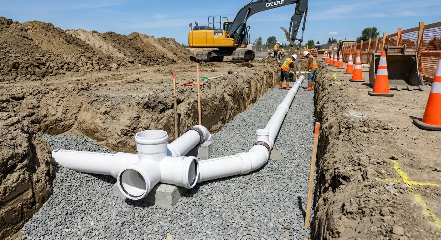 New PVC sewer pipe installation in open trench for Sewer Backup in Orcutt