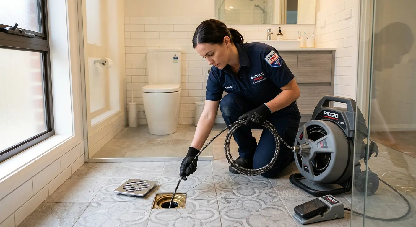 Technician clearing a bathroom floor drain for Sewer Line Installation in Orcutt